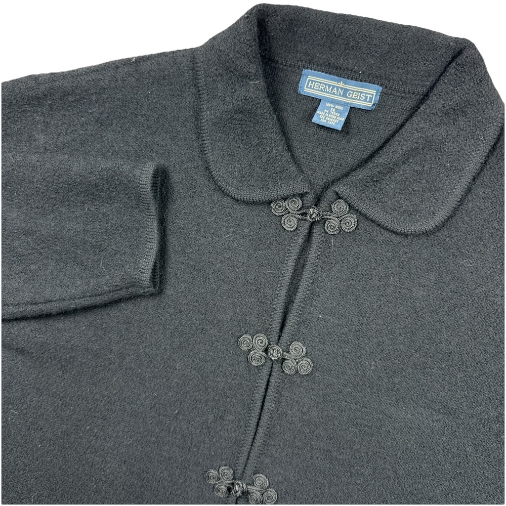 Vintage Herman Geist Sweater Women's XL Black 100% Wool Loop Button Collared